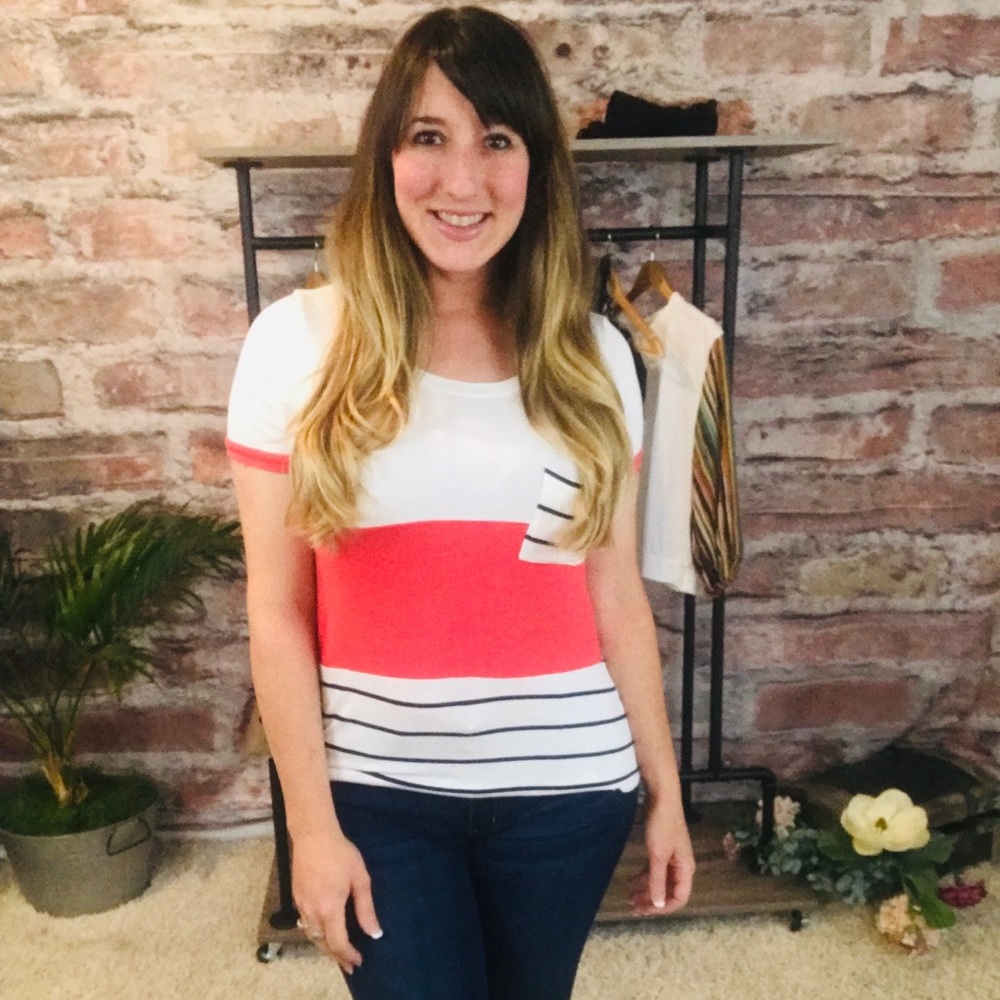 Coral and navy stripe tee